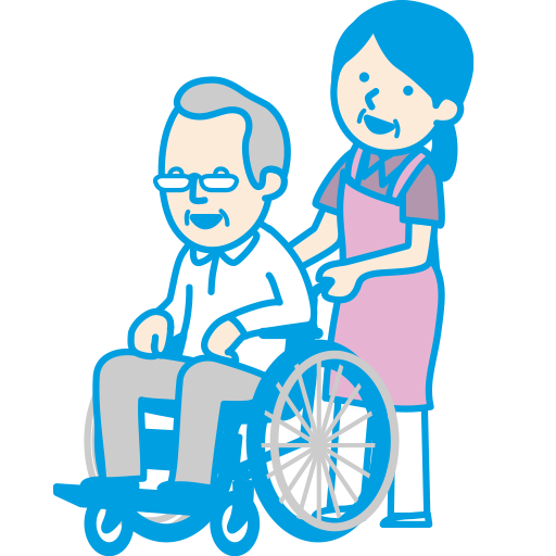 サポーターに車椅子を押してもらい、お出かけを満喫されるお客さまのイラスト